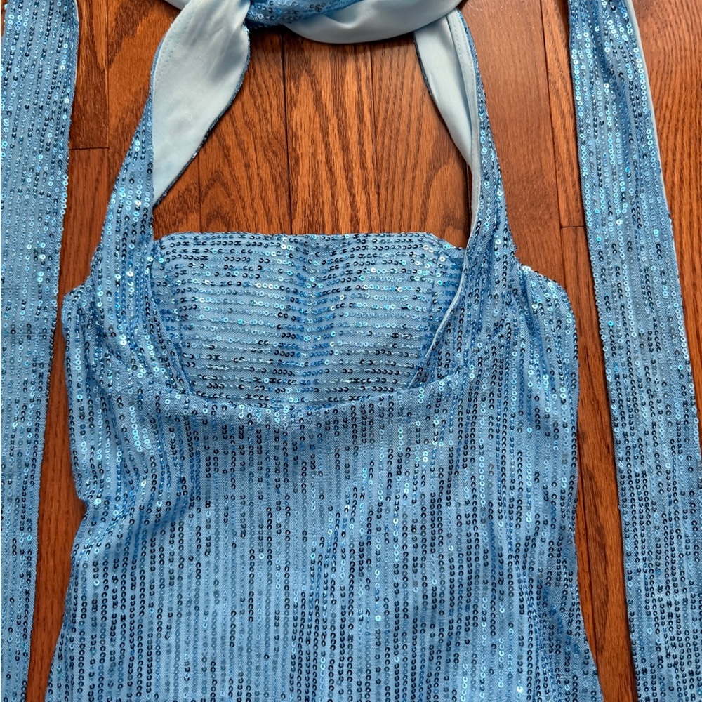 NWT Blue Sequin Halter Dress - Picture 2 of 5